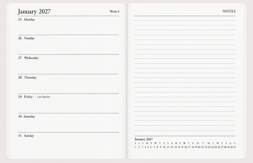 Open 2027 diary showing a weekly layout from Monday to Sunday alongside a full lined notes page with a January calendar.