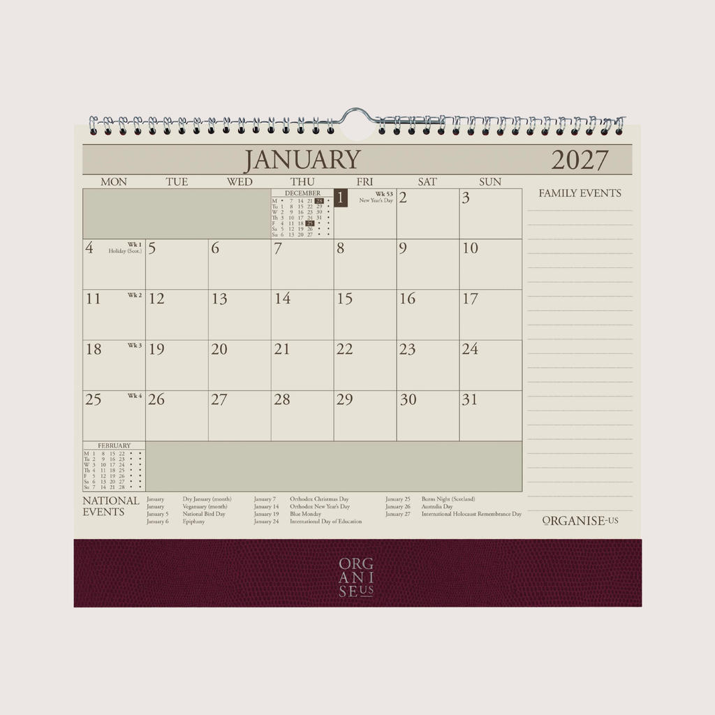 Organiseher™ 16-Month Wall Calendar 2026-2027 in Burgundy Lizard