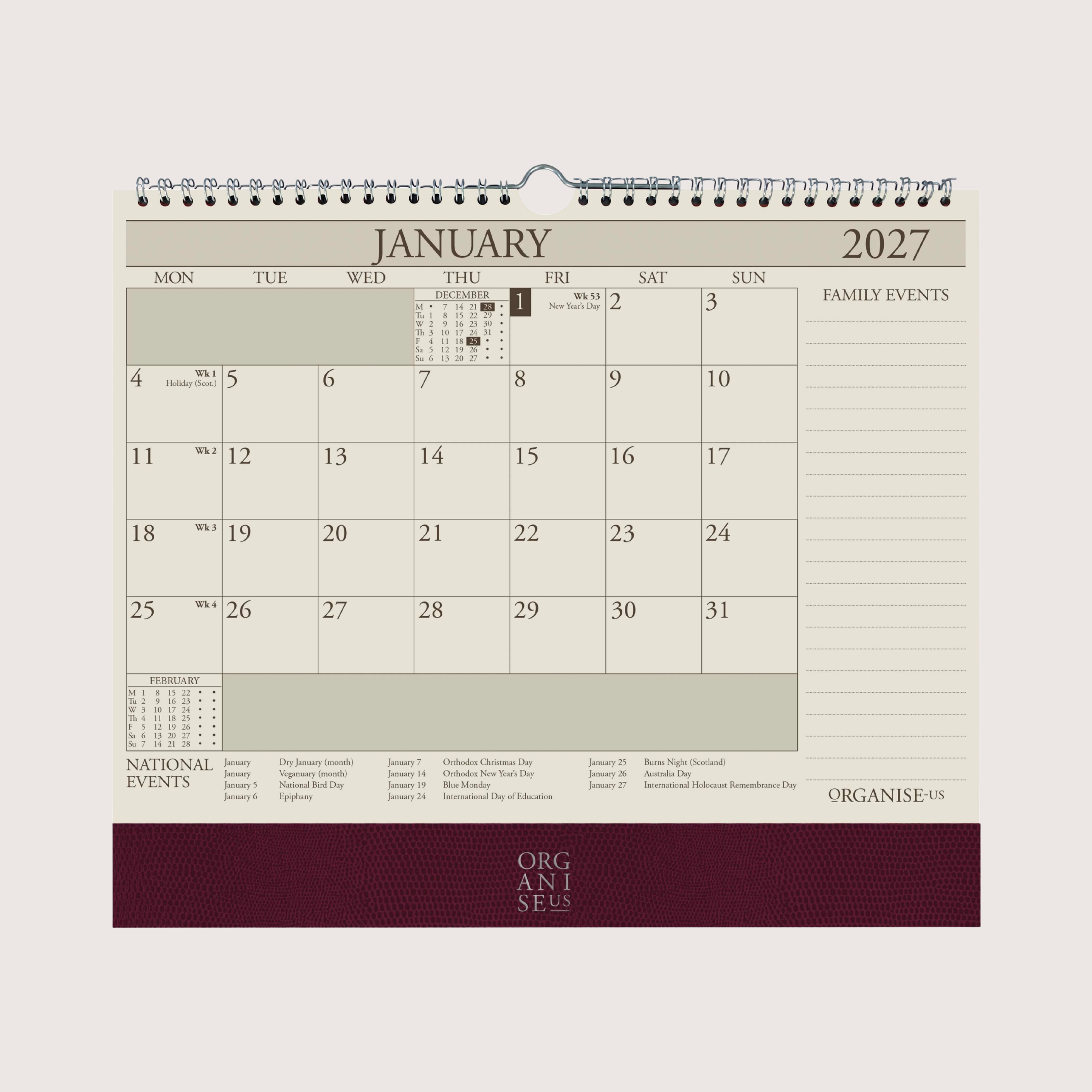 Organiseher™ 16-Month Wall Calendar 2026-2027 in Burgundy Lizard