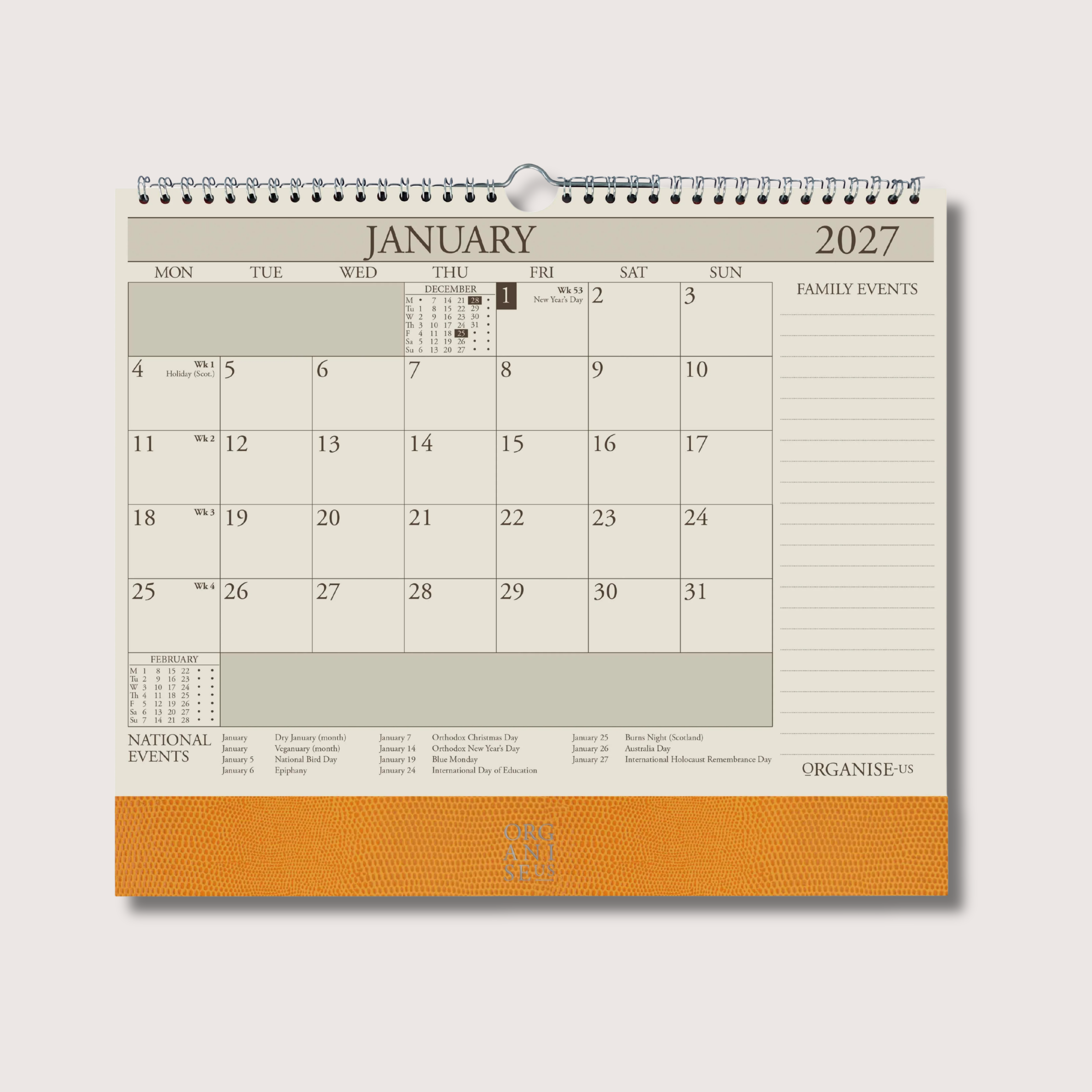 Organiseher™ 16-Month Wall Calendar 2026-2027 in Buttercup Lizard