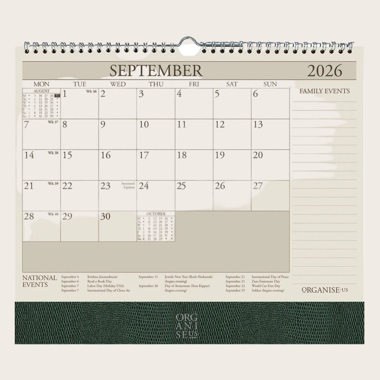 Organiseher™ 16-Month Wall Planner 2025-2026 in Dark Green Lizard