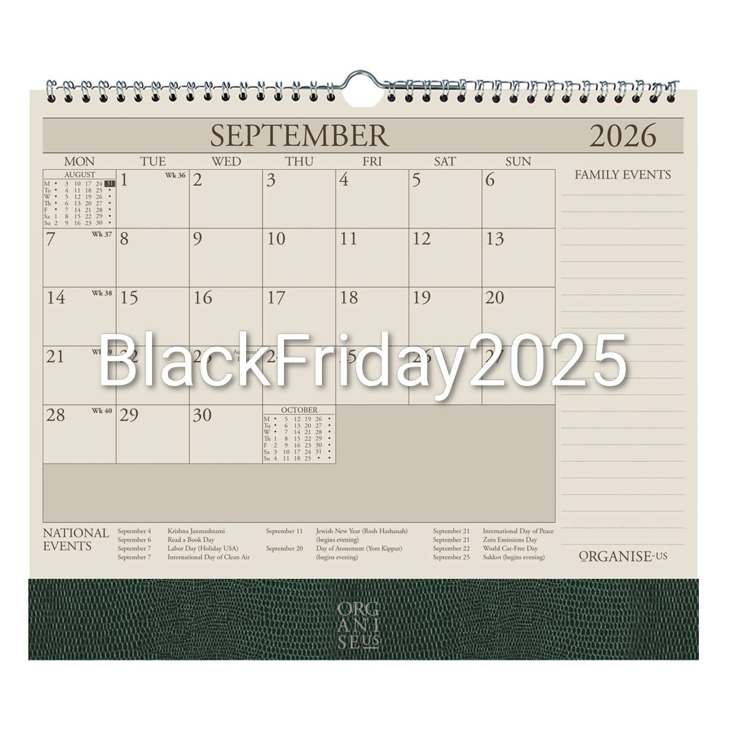 The OrganiseherTM 16 month Wall Planner 2025-2026 in Dark Green Lizard