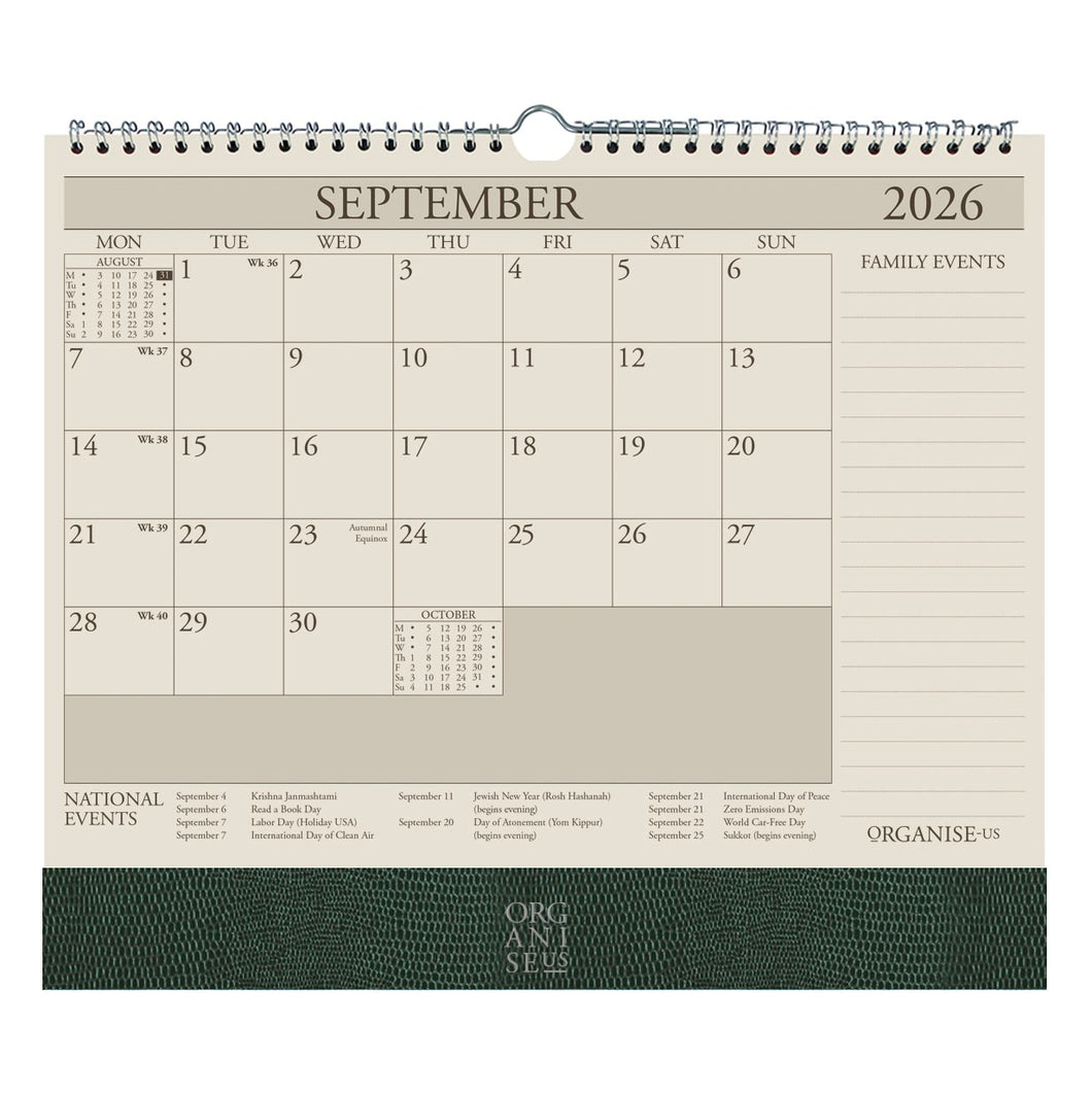 The OrganiseherTM 17 month Wall Planner 2025-2026 in Dark Green Lizard - pre order