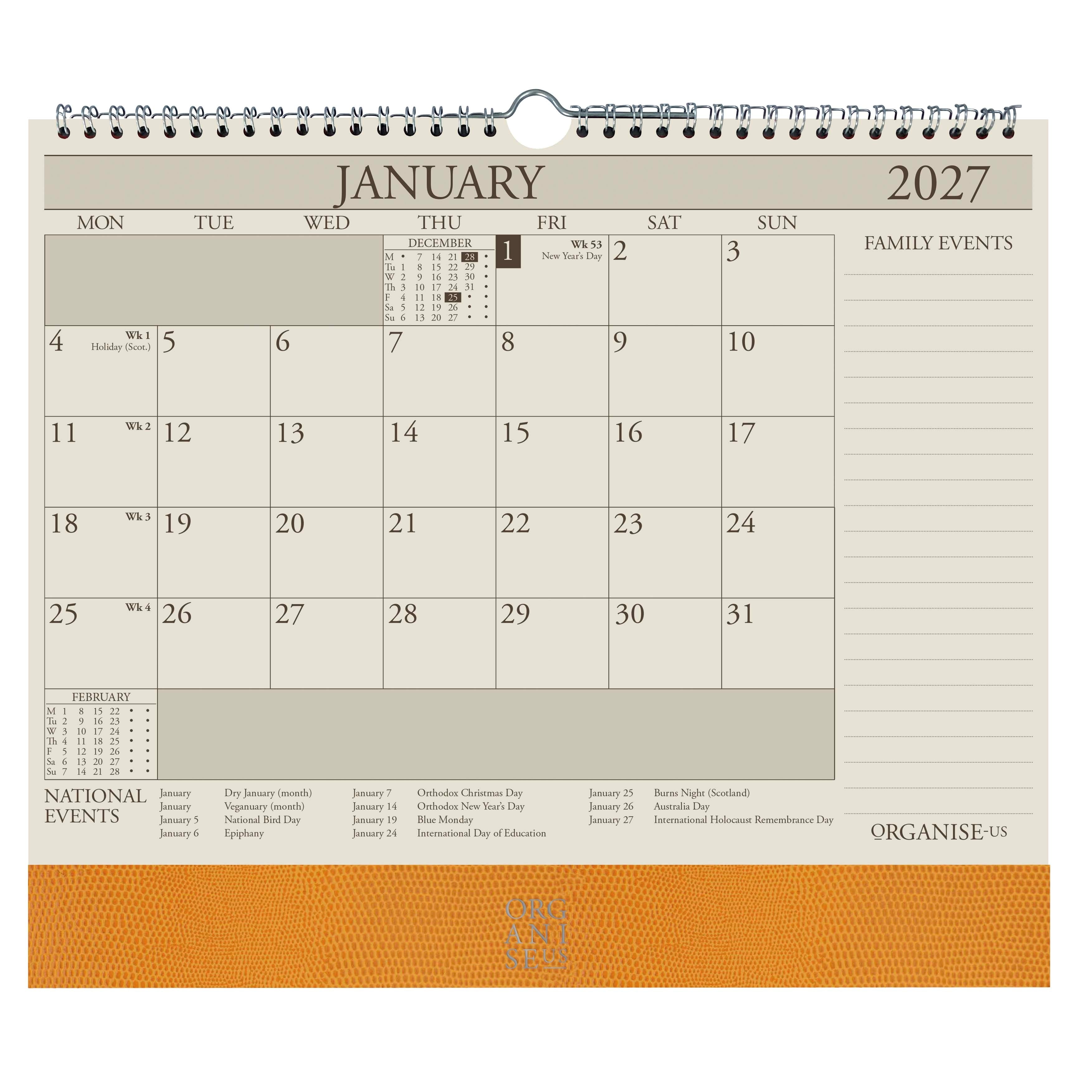 Organiseher™ 16-Month Wall Calendar 2026-2027 in Buttercup Lizard
