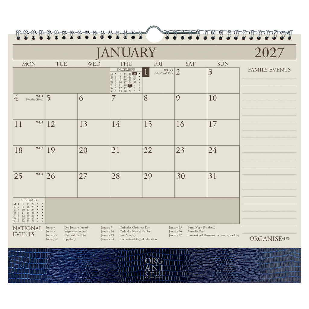 Organiseher™ 16-Month Wall Calendar 2026-2027 in Marine Blue Iguana