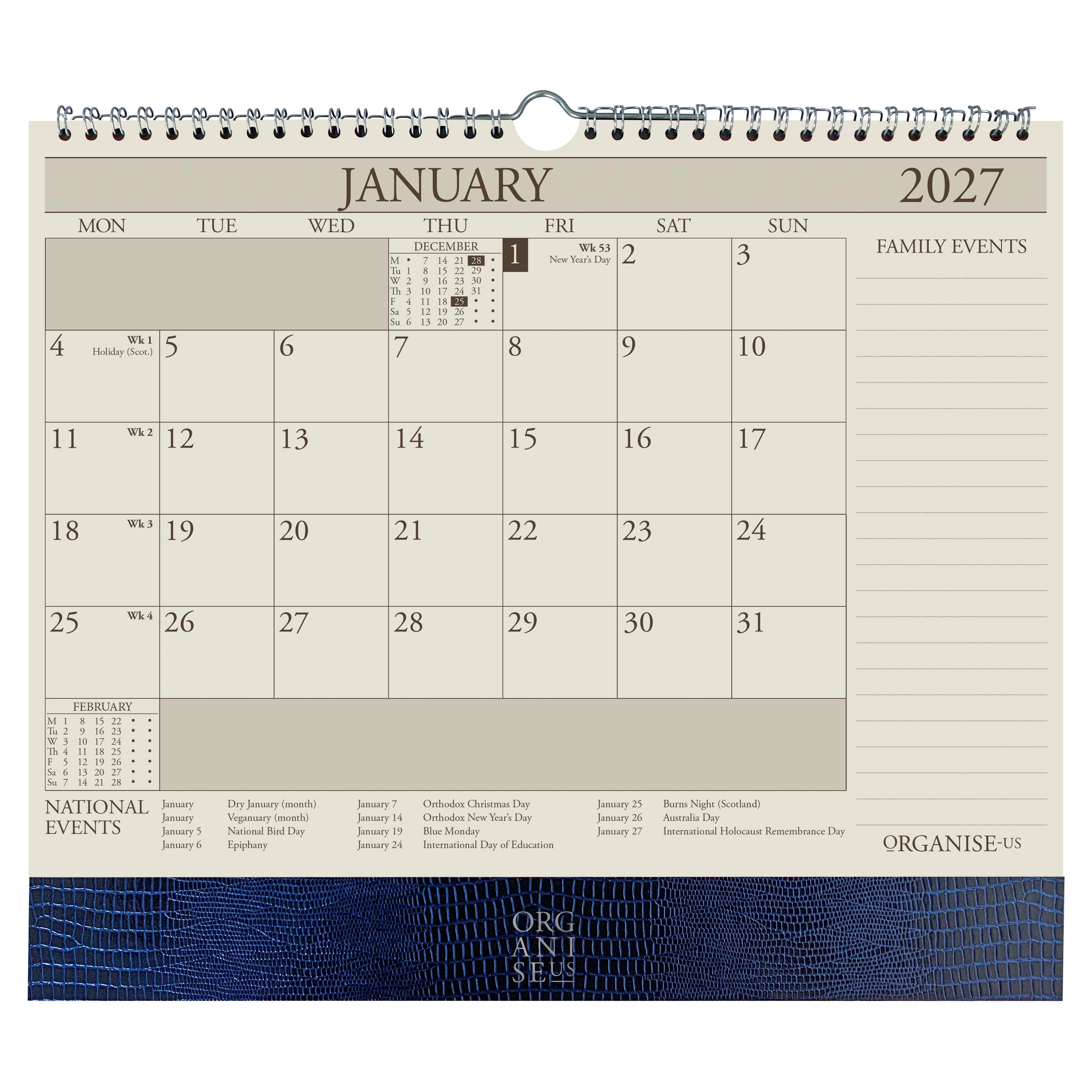 Organiseher™ 16-Month Wall Calendar 2026-2027 in Marine Blue Iguana
