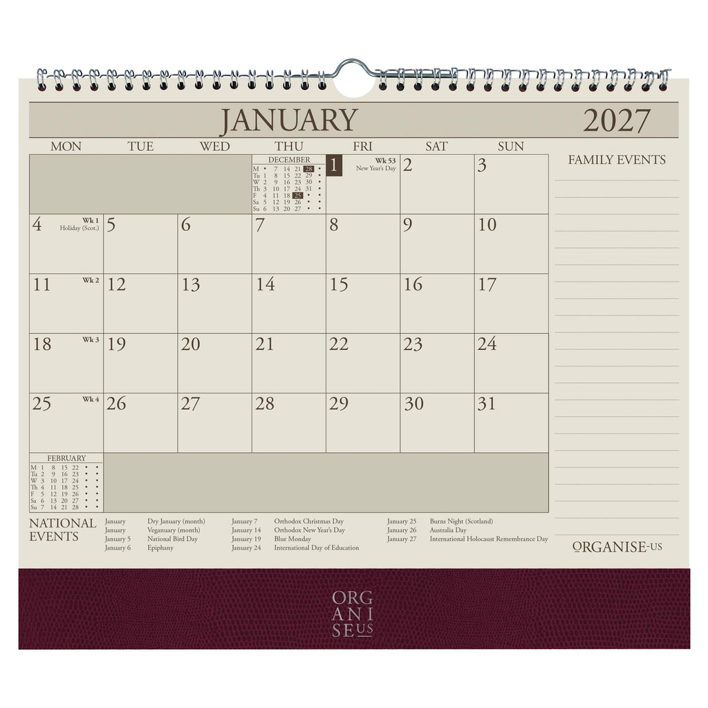 Organiseher™ 16-Month Wall Calendar 2026-2027 in Burgundy Lizard
