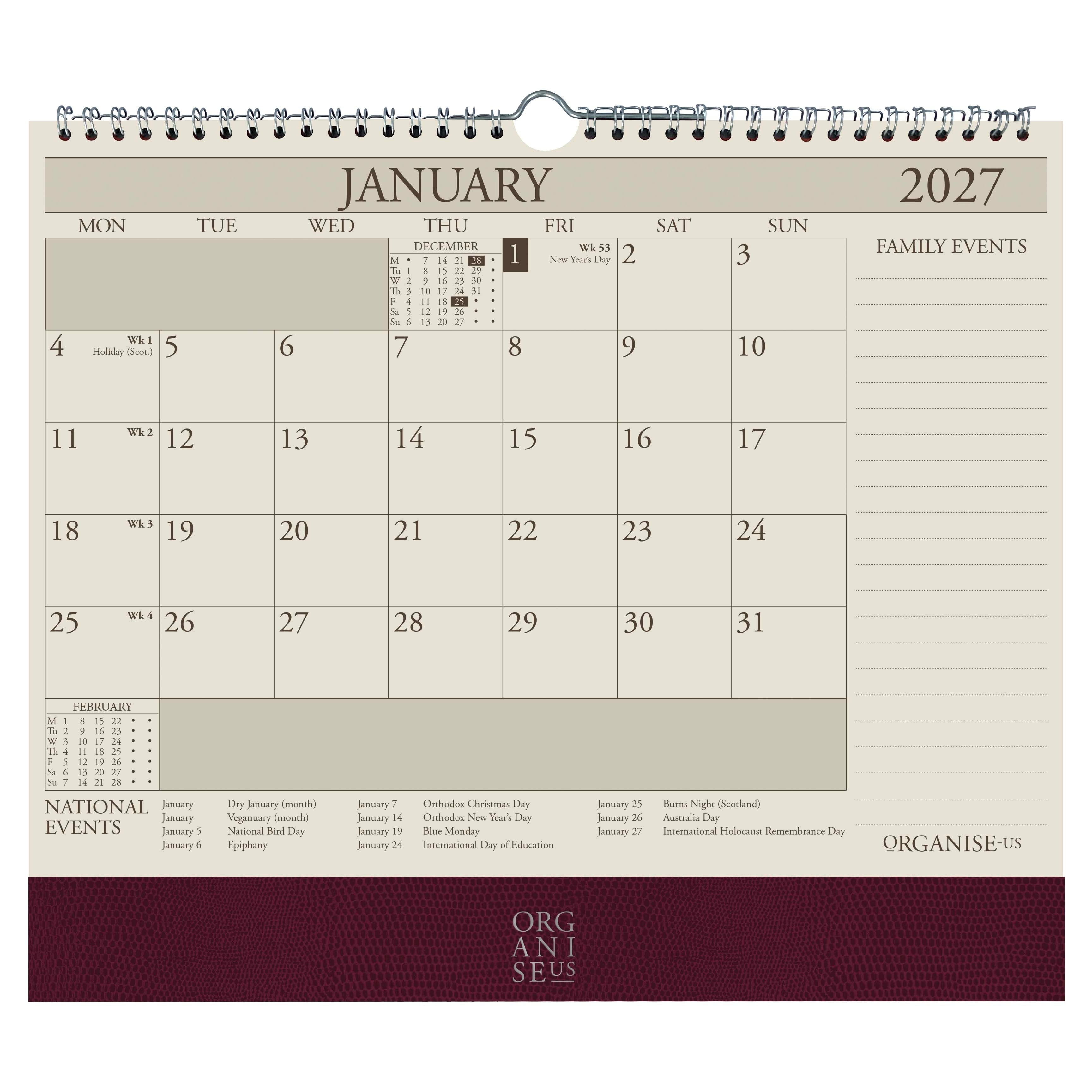 Organiseher™ 16-Month Wall Calendar 2026-2027 in Burgundy Lizard