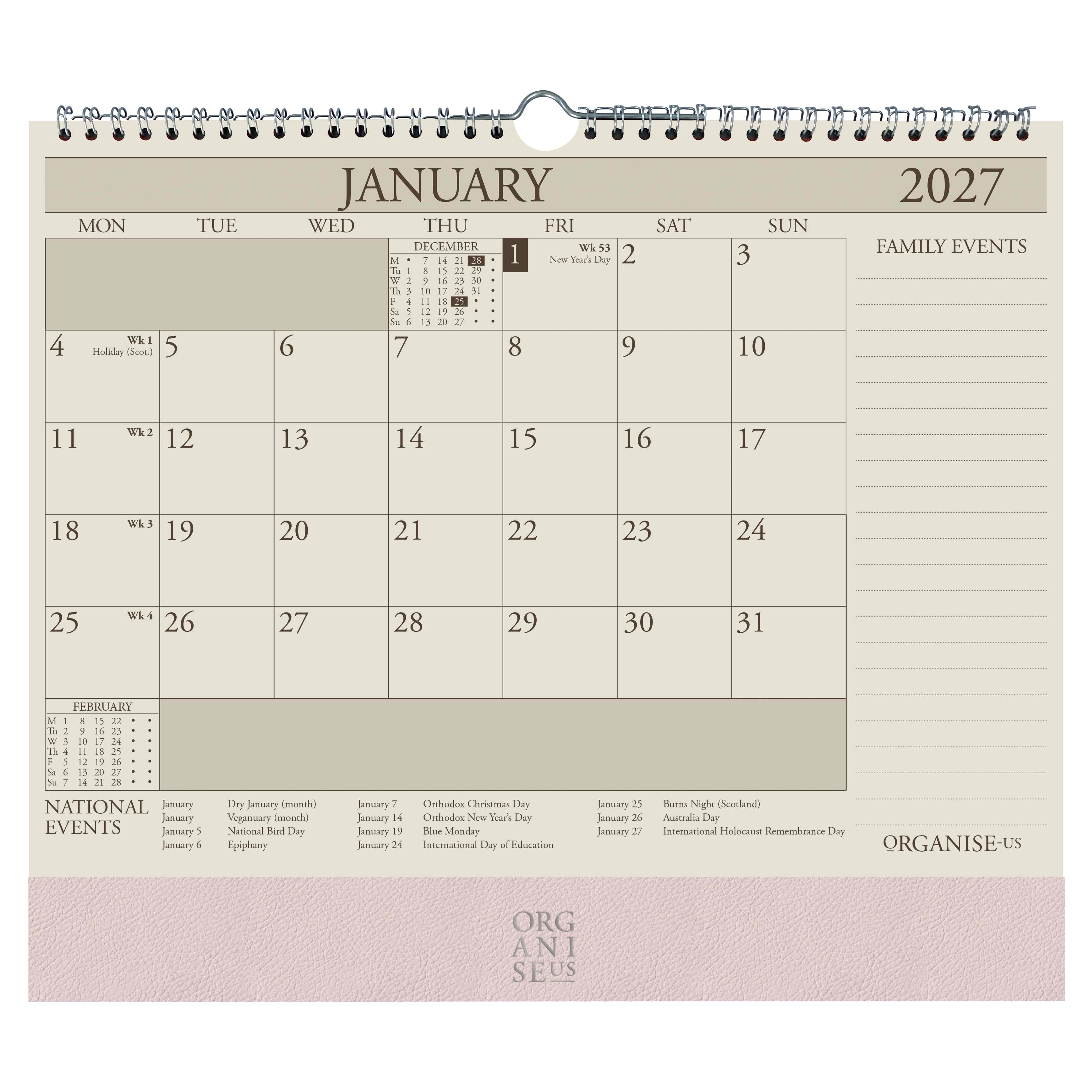 Organiseher™ 16-Month Wall Calendar 2026-2027 in Powder Pink Galuchat