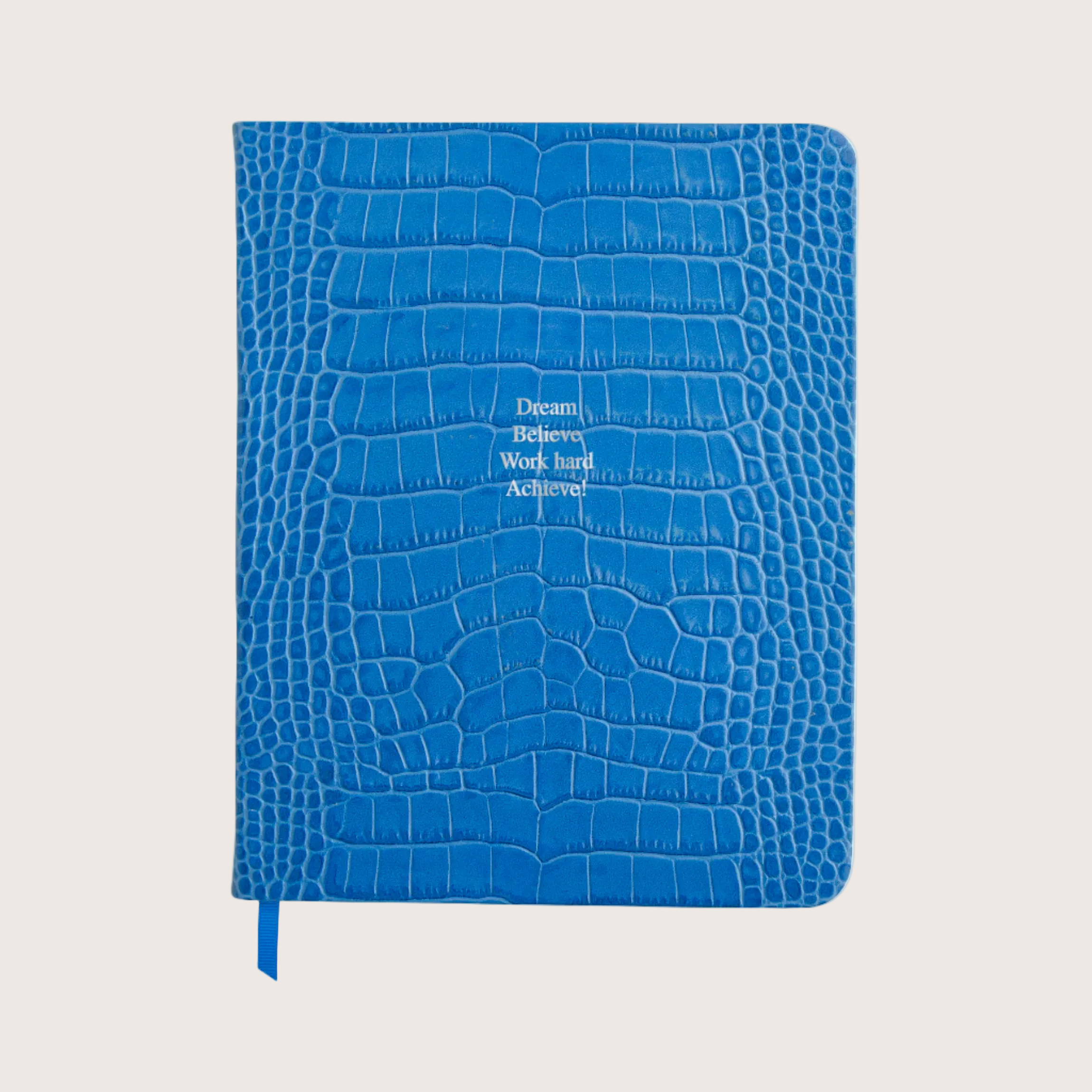 Large Ruled Leather Notebook in Bright Cerulean Croc - Dream Believe Work hard Achieve!