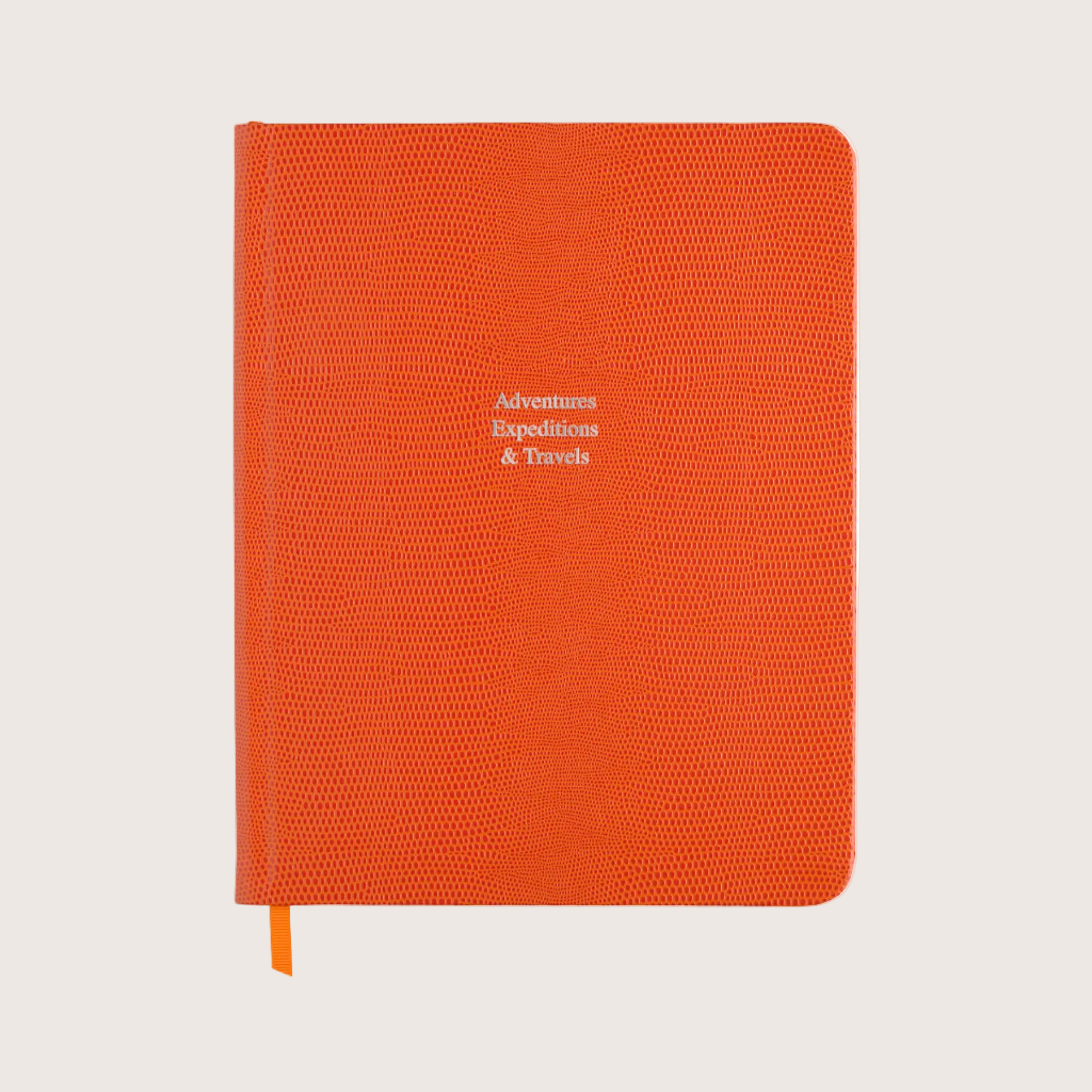 Large Ruled Leather Notebook in Clementine Orange Lizard - Adventures Expeditions & Travels