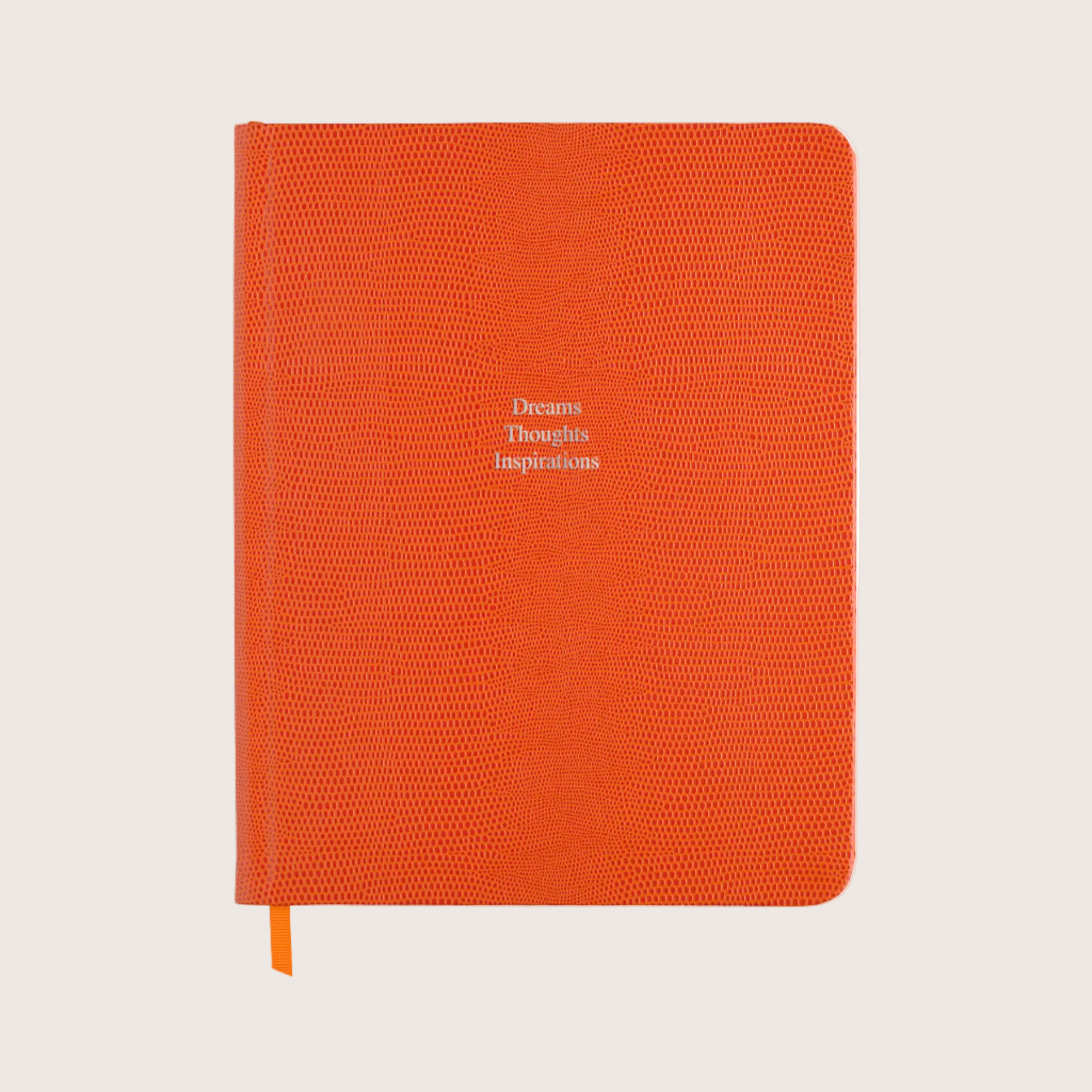 Large Ruled Leather Notebook in Clementine Orange Lizard - Dreams Thoughts Inspirations