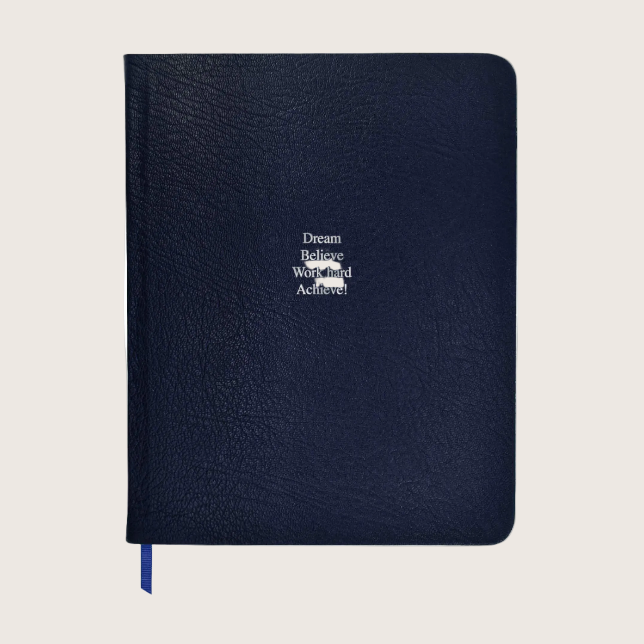 Large Ruled Leather Notebook in Navy Blue Goatskin - Dream Believe Work hard Achieve!