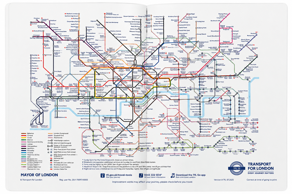 A London Underground transit map poster printed on a white background, featuring multicolored route lines and official Transport for London branding at the bottom.