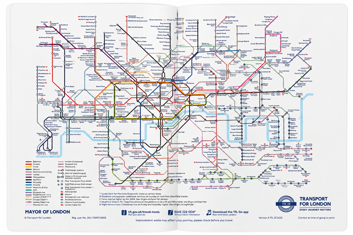 A London Underground transit map poster printed on a white background, featuring multicolored route lines and official Transport for London branding at the bottom.