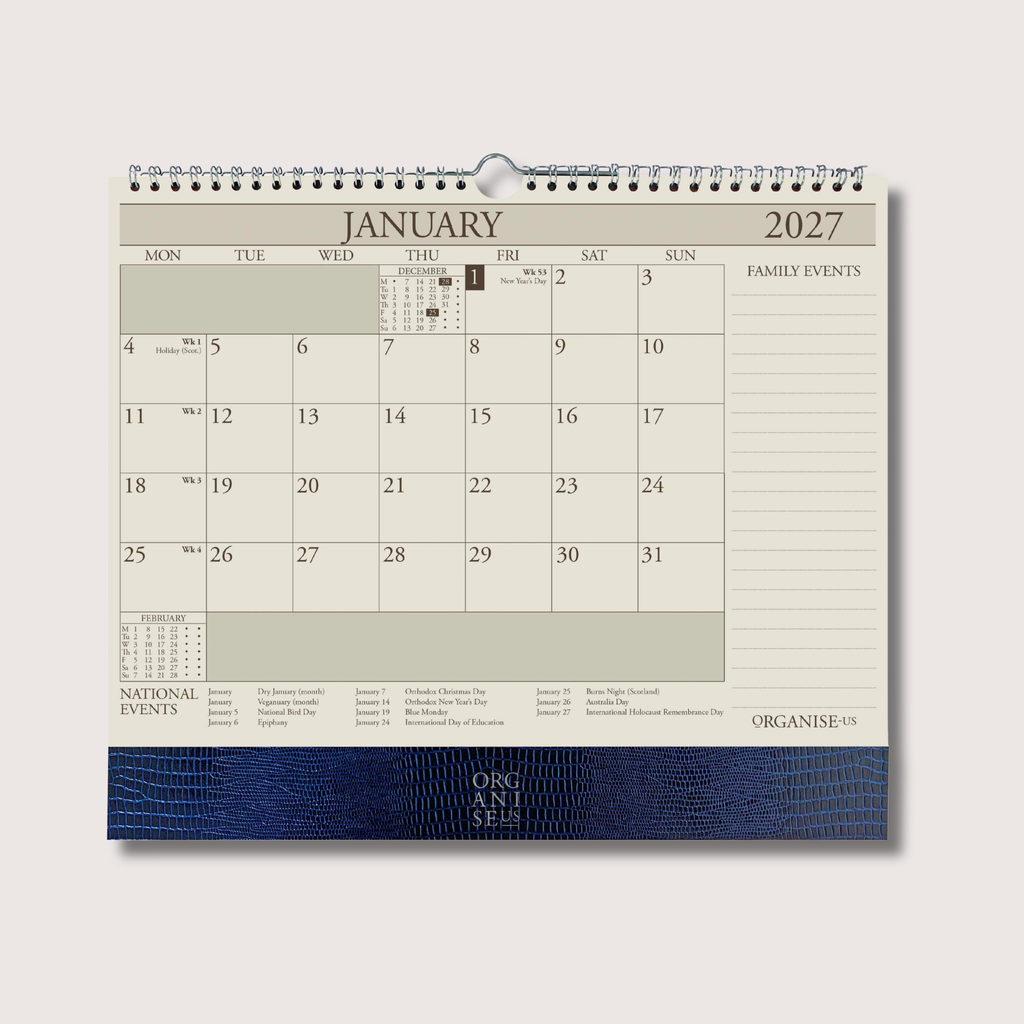 Organiseher™ 16-Month Wall Calendar 2026-2027 in Marine Blue Iguana