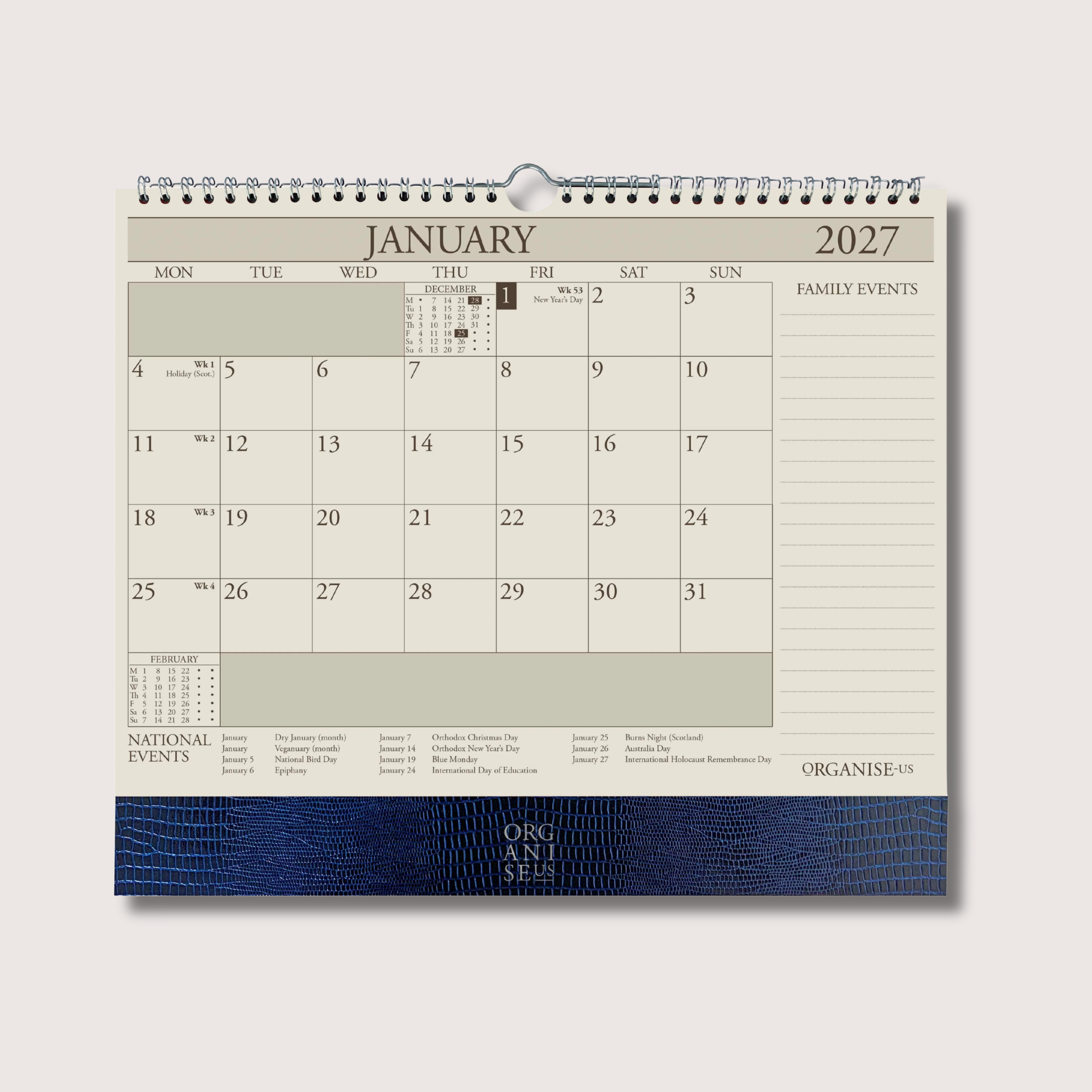 Organiseher™ 16-Month Wall Calendar 2026-2027 in Marine Blue Iguana