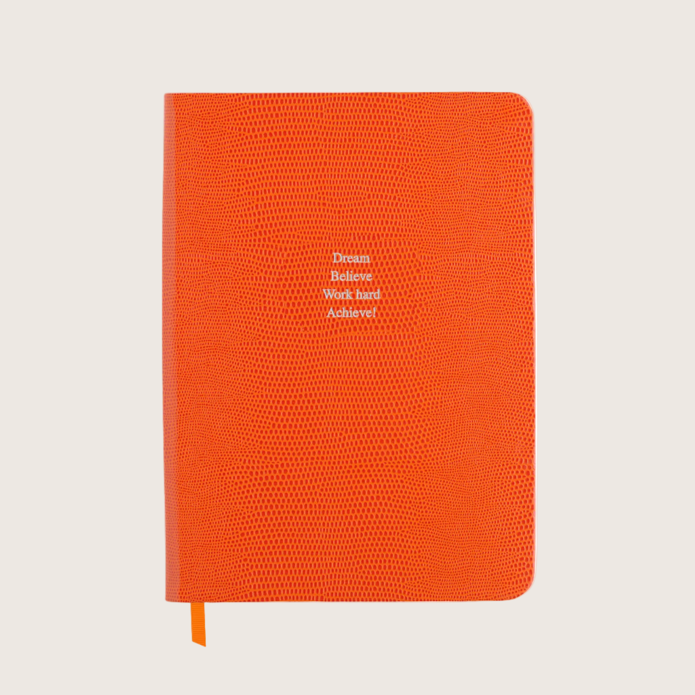 Midsize Ruled Leather Notebook in Clementine Orange Lizard - Dream Believe Work hard Achieve!