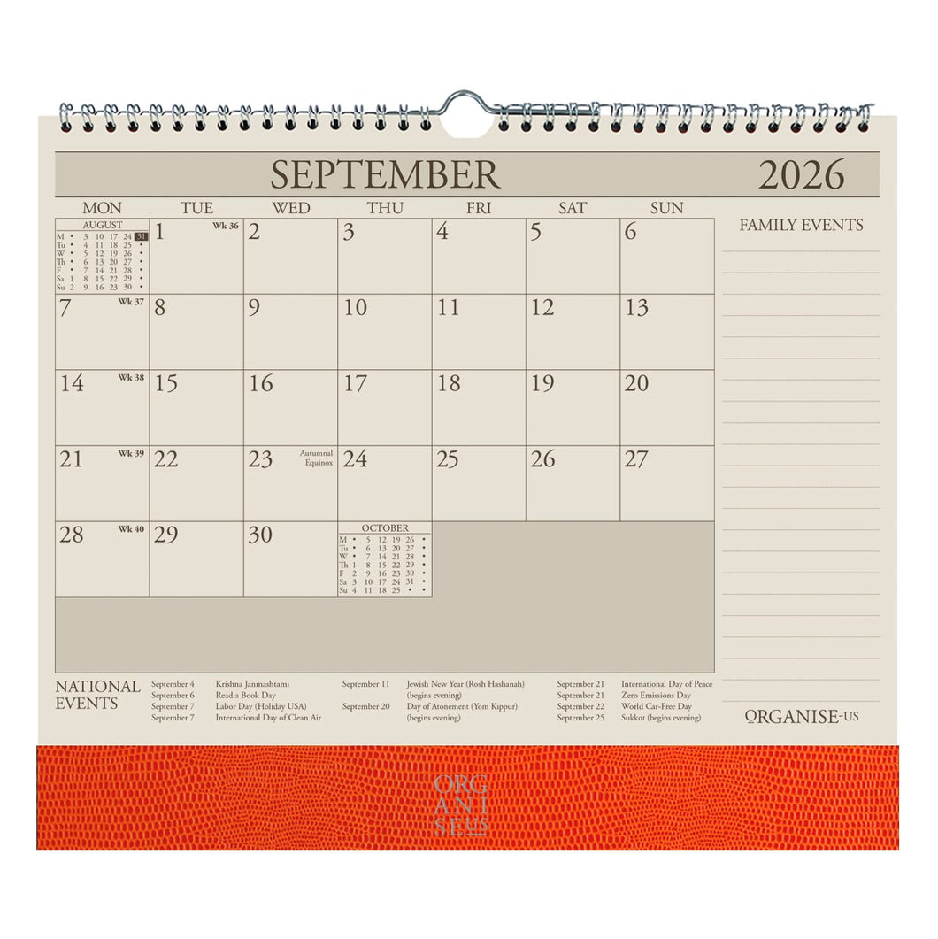 The OrganiseherTM 17 month Wall Planner 2025-2026 in Flame Orange Lizard - pre order