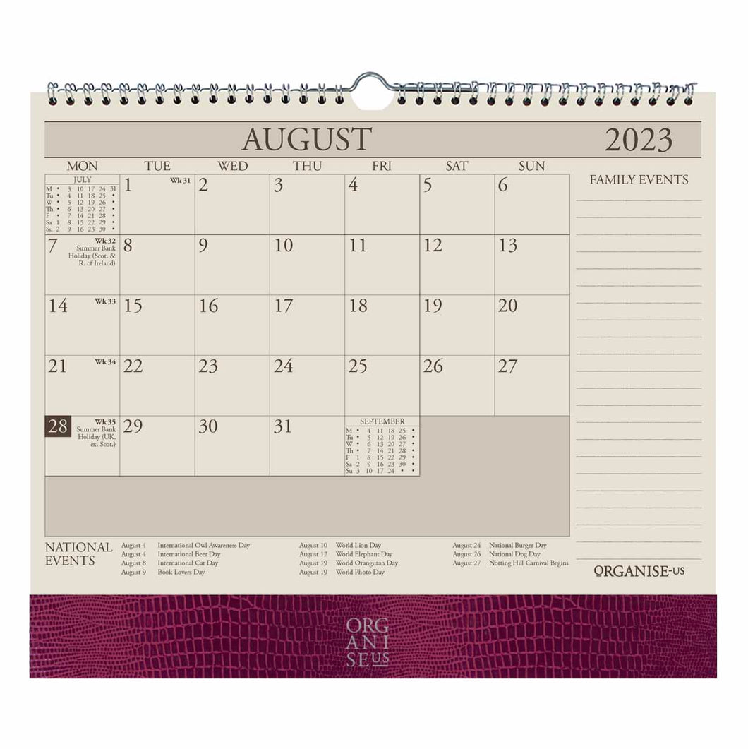 The OrganiseherTM 17 month Wall Planner 2023- 2025 in Cabernet Iguana