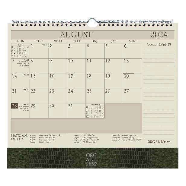 The OrganiseherTM 17 month Wall Calendar 2024- 2025 in Khaki Green Iguana