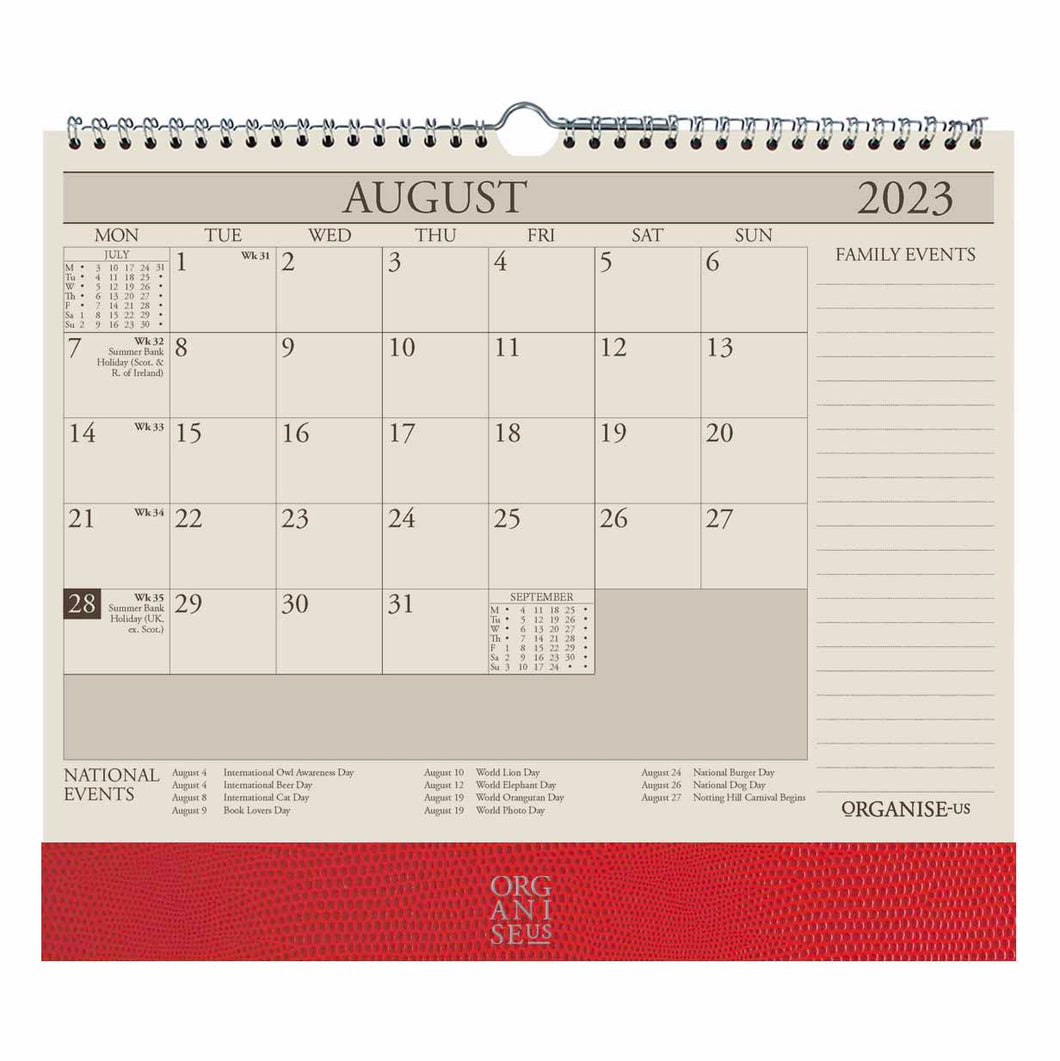 The OrganiseherTM 17 month Wall Calendar 2023- 2025 in Red Lizard