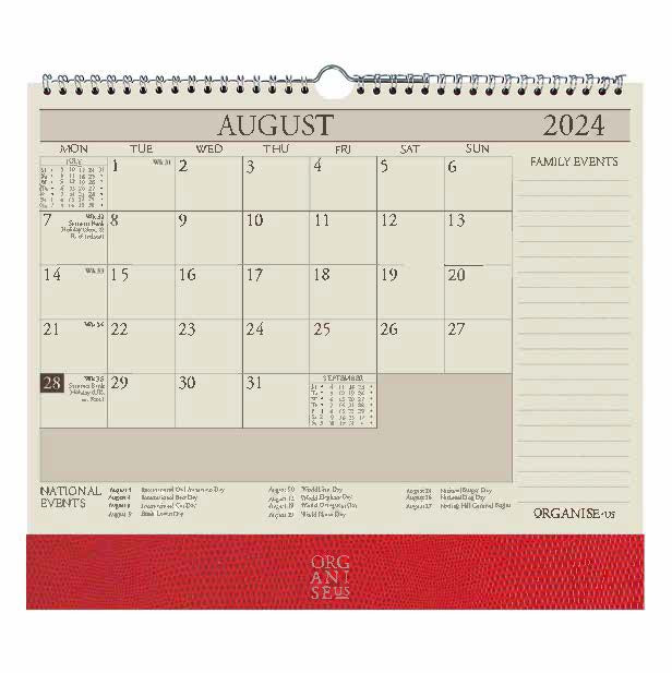 The OrganiseherTM 17 month Wall Calendar 2024- 2025 in Red lizard 