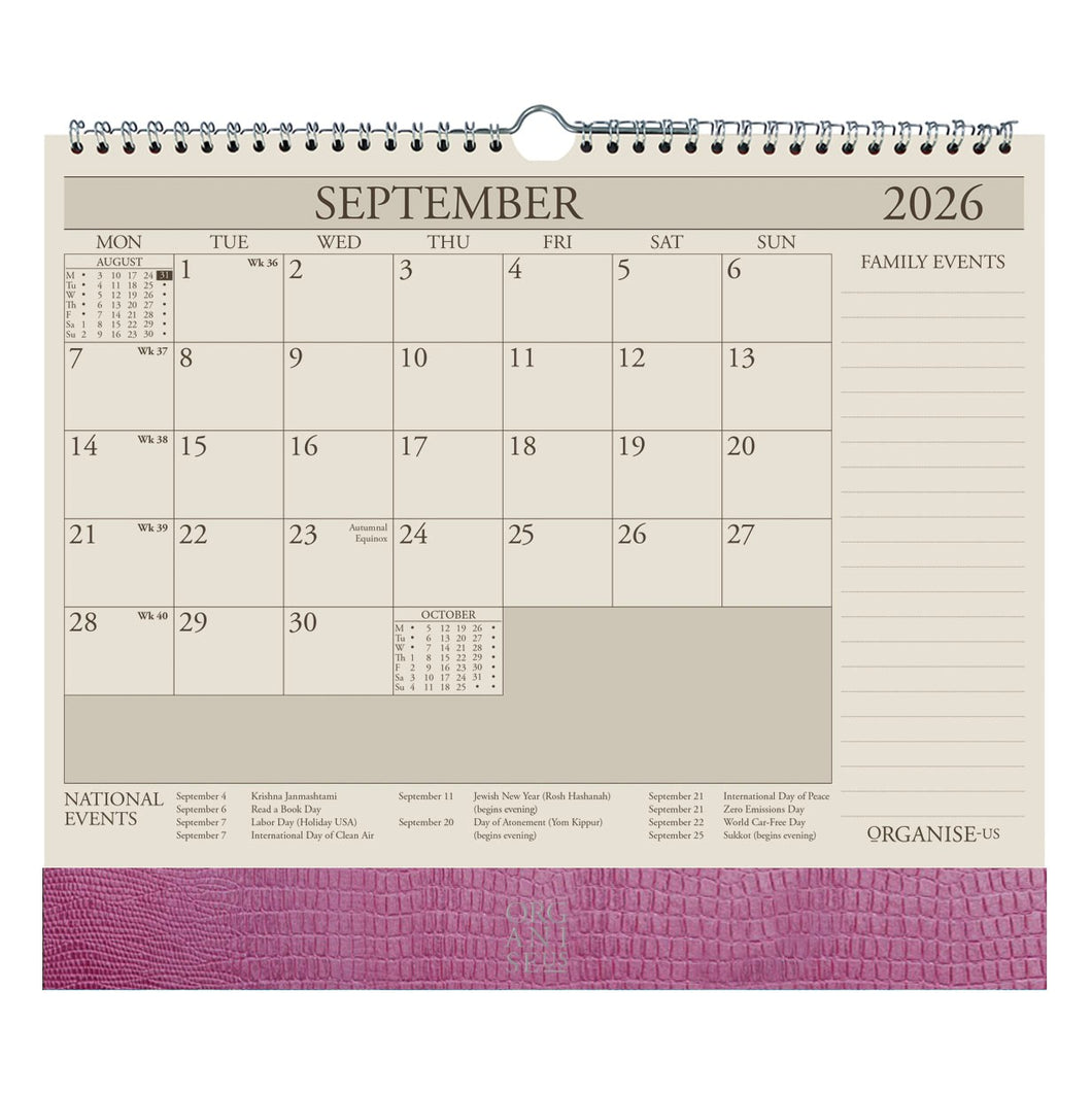 The OrganiseherTM 17 month Wall Planner 2025- 2026 in Raspberry Iguana - pre order