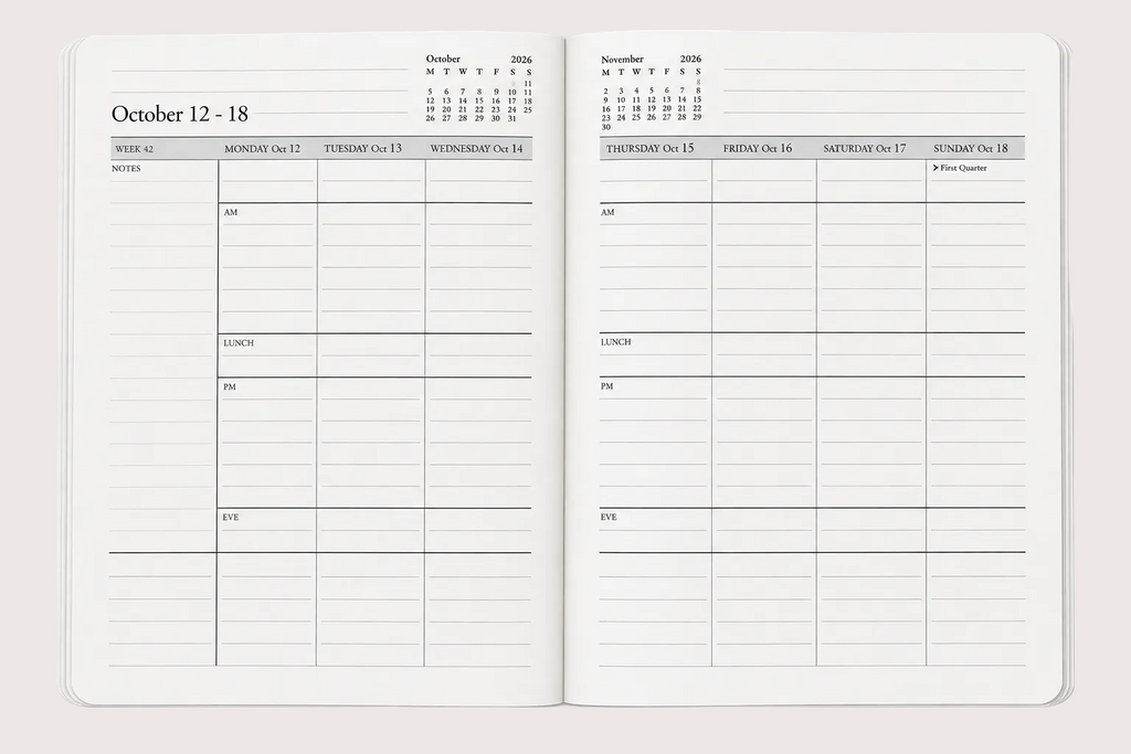 Open 2027 diary showing a week-to-view layout with daily columns, notes section and AM, lunch, PM and evening planning spaces.