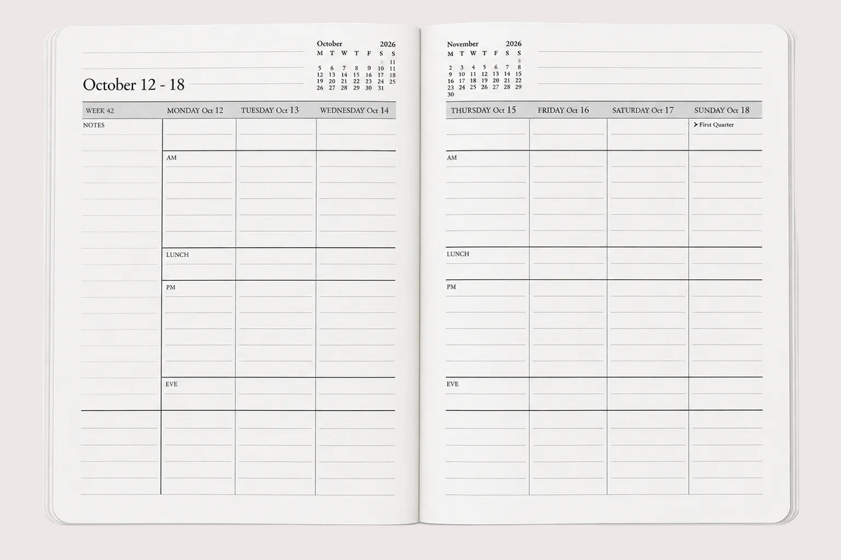 Open 2027 diary showing a week-to-view layout with daily columns, notes section and AM, lunch, PM and evening planning spaces.