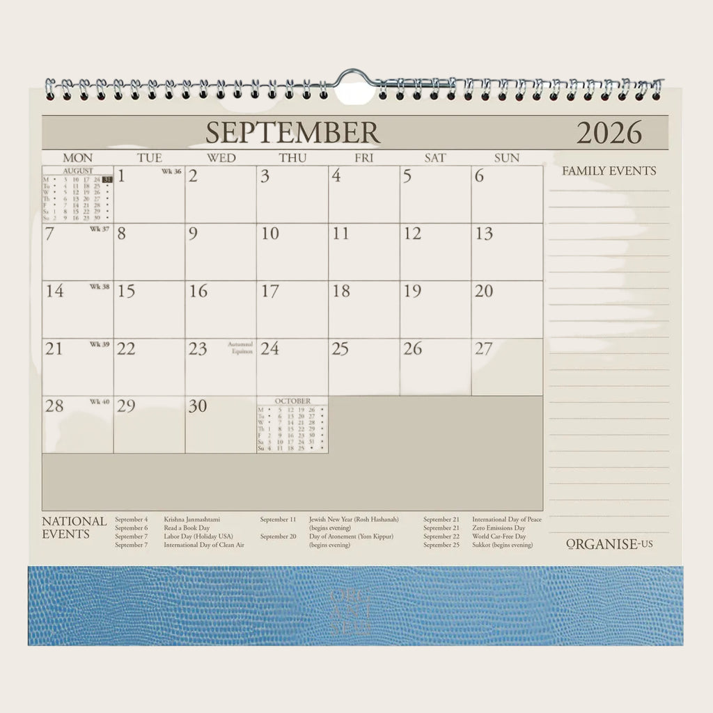Organiseher™ 16-Month Wall Calendar 2025-2026 in Topaz Blue Lizard