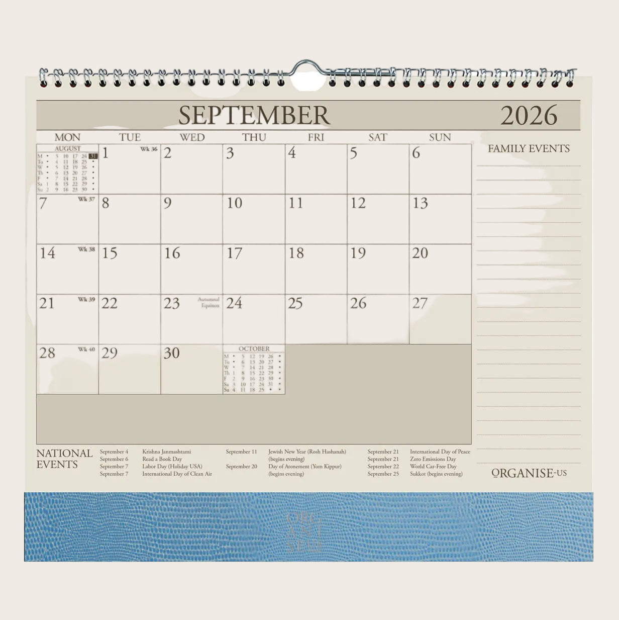 Organiseher™ 16-Month Wall Calendar 2025-2026 in Topaz Blue Lizard