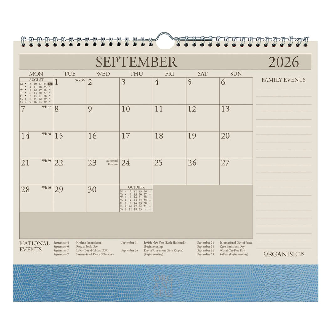 The OrganiseherTM 17 month Wall Planner 2025-2026 in Topaz BlueLizard - pre order