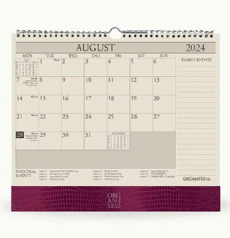 The OrganiseherTM 17 month Wall Planner 2024- 2025 in Cabernet Iguana