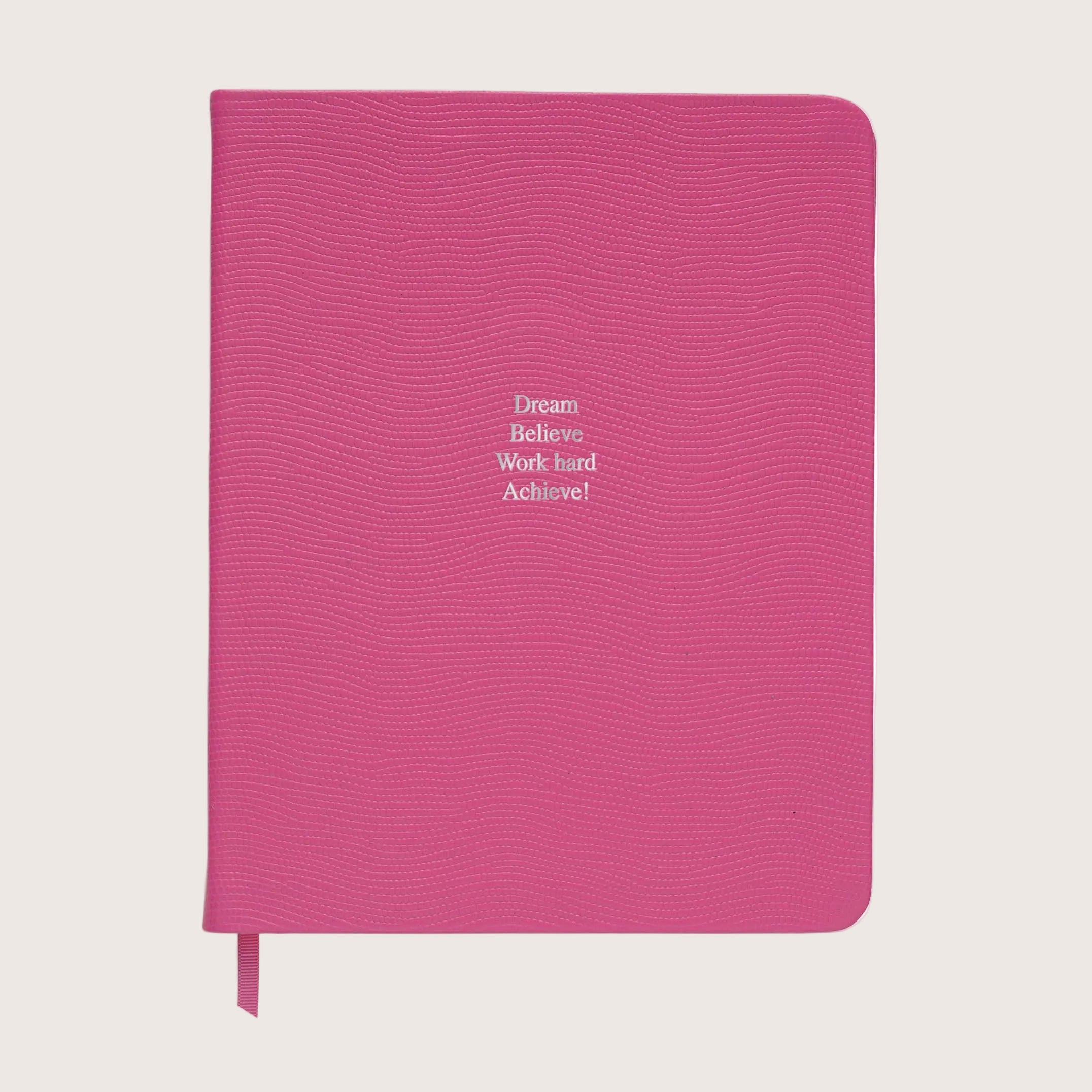 Midsize Ruled Leather Notebook in Peony Pink Lizard - Dream Believe Work hard Achieve!