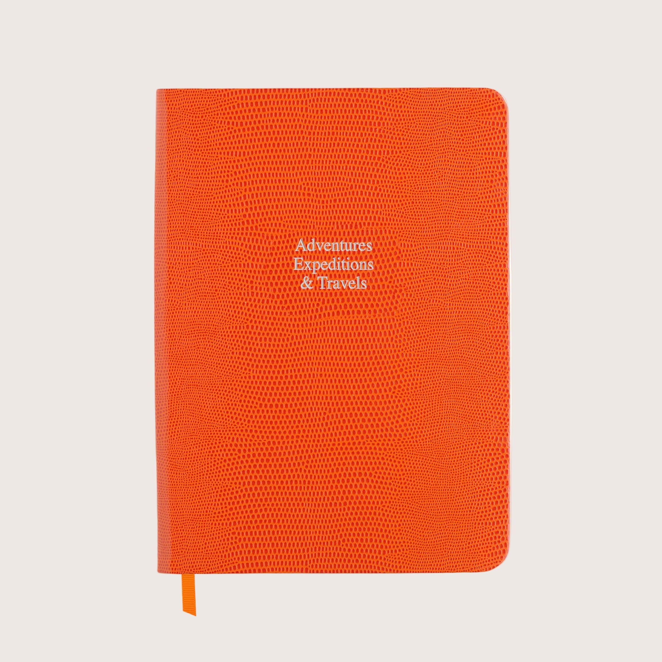 Midsize Ruled Leather Notebook in Clementine Orange Lizard - Adventures Expeditions & Travels