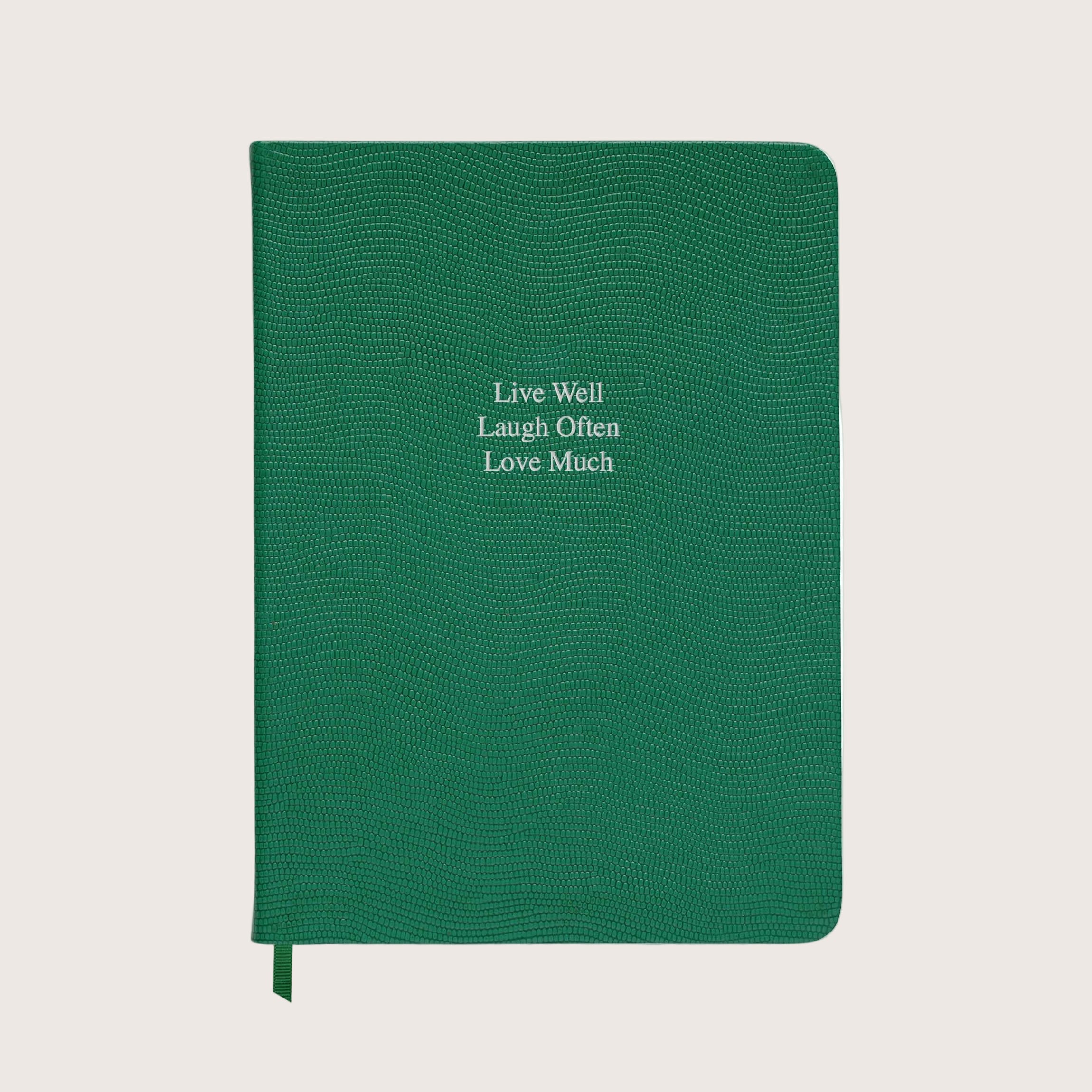 Midsize Ruled Leather Notebook in Emerald Green Lizard - Live Well Laugh Often Love Much