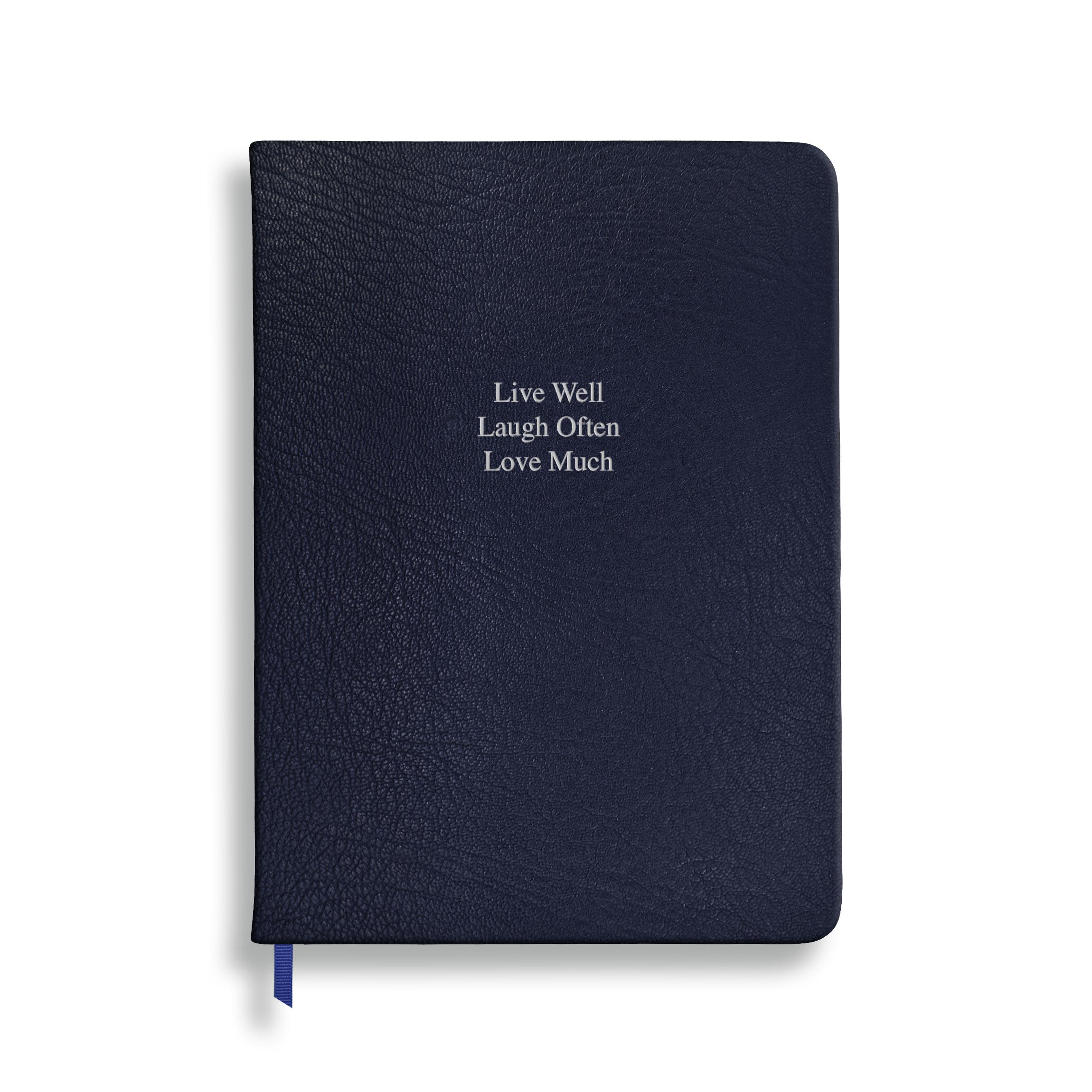 Midsize Ruled Leather Notebook in Navy Blue Goatskin - Live Well Laugh Often Love Much