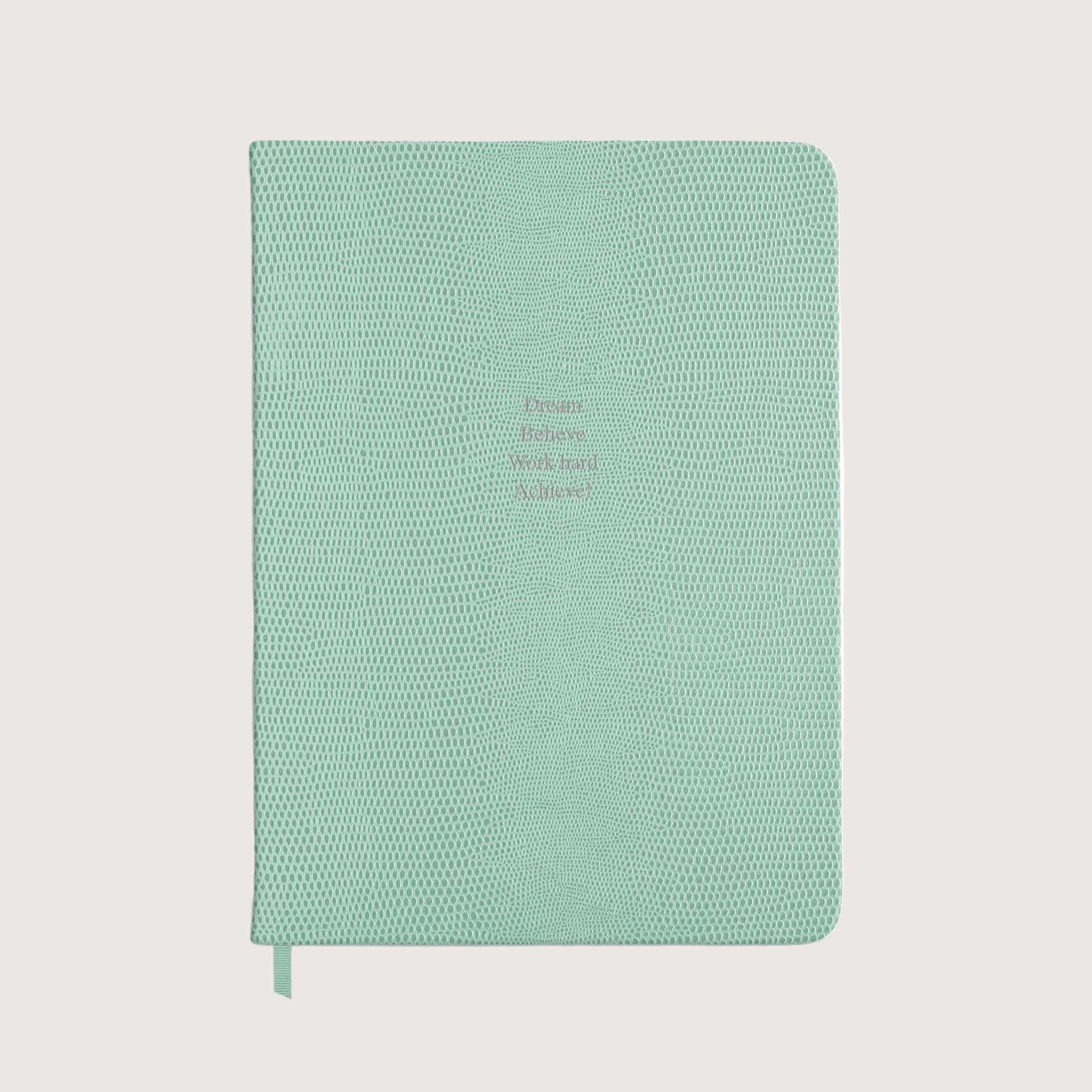 Midsize Ruled Pellaq Notebook in Mint Green Lizard - Dream Believe Work hard Achieve!